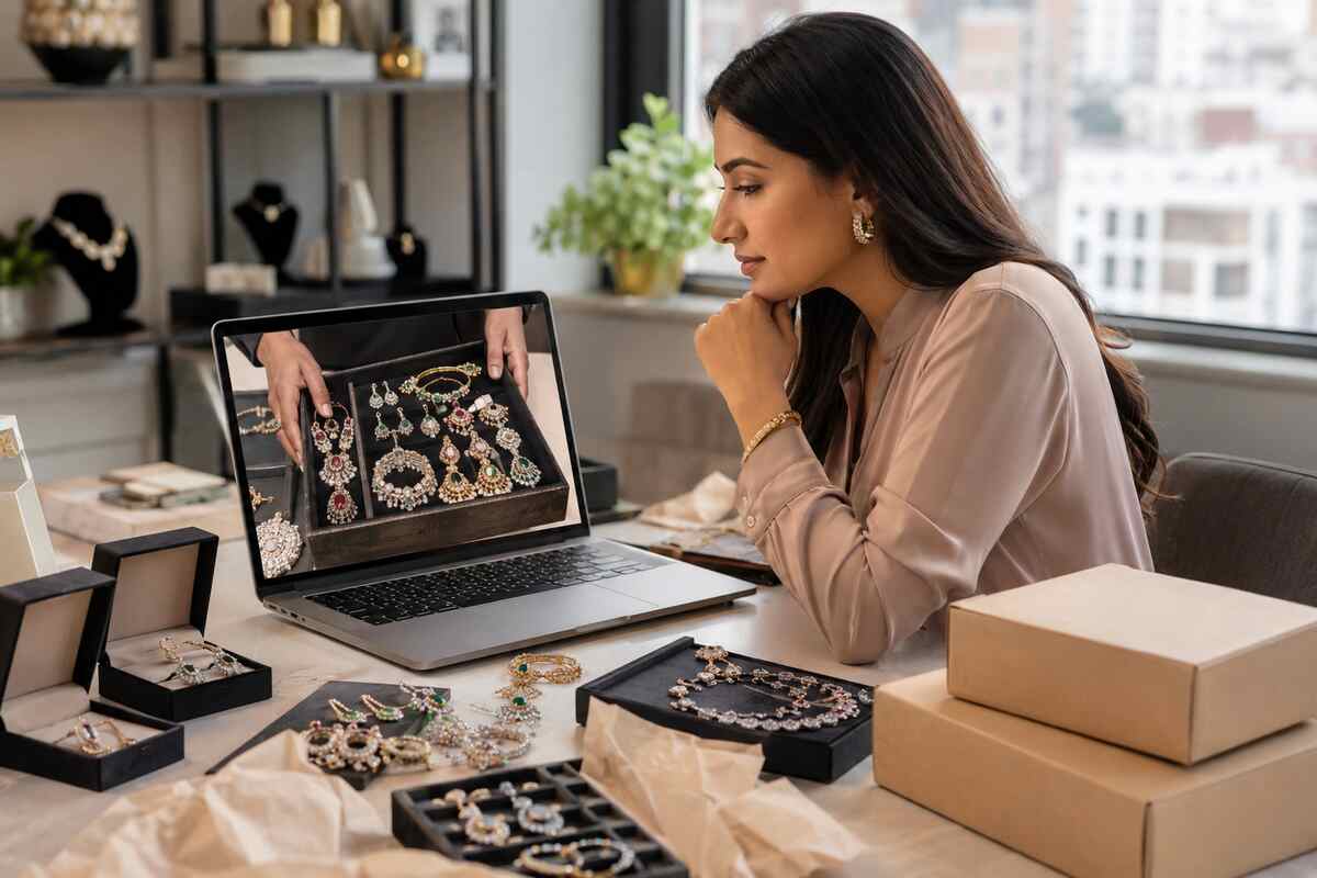 Overseas boutique buyer selecting wholesale jewellery from Pakistan by video call