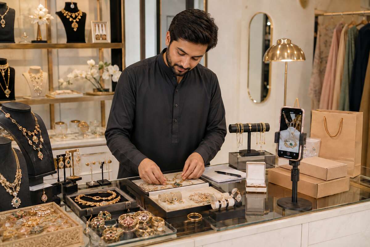 Pakistani jewellery shopkeeper managing a retail counter and online product presentation